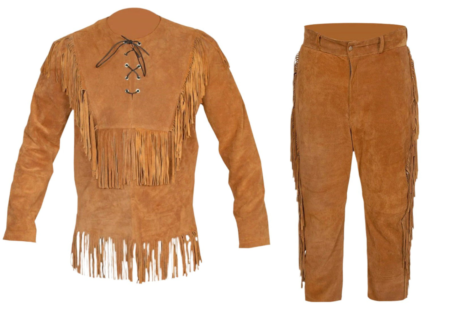 Western Brown Suede Leather Fringe Suits Shirt & Pant WJP109