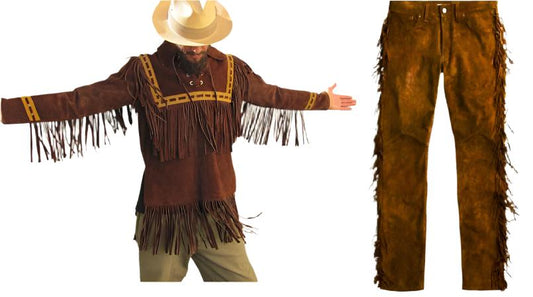 Western Brown Suede Leather Fringe Suits Shirt & Pant WJP105