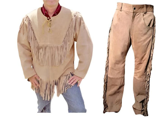 Western Beige Suede Leather Fringe Shirt & Pant Western Outfit WSP122