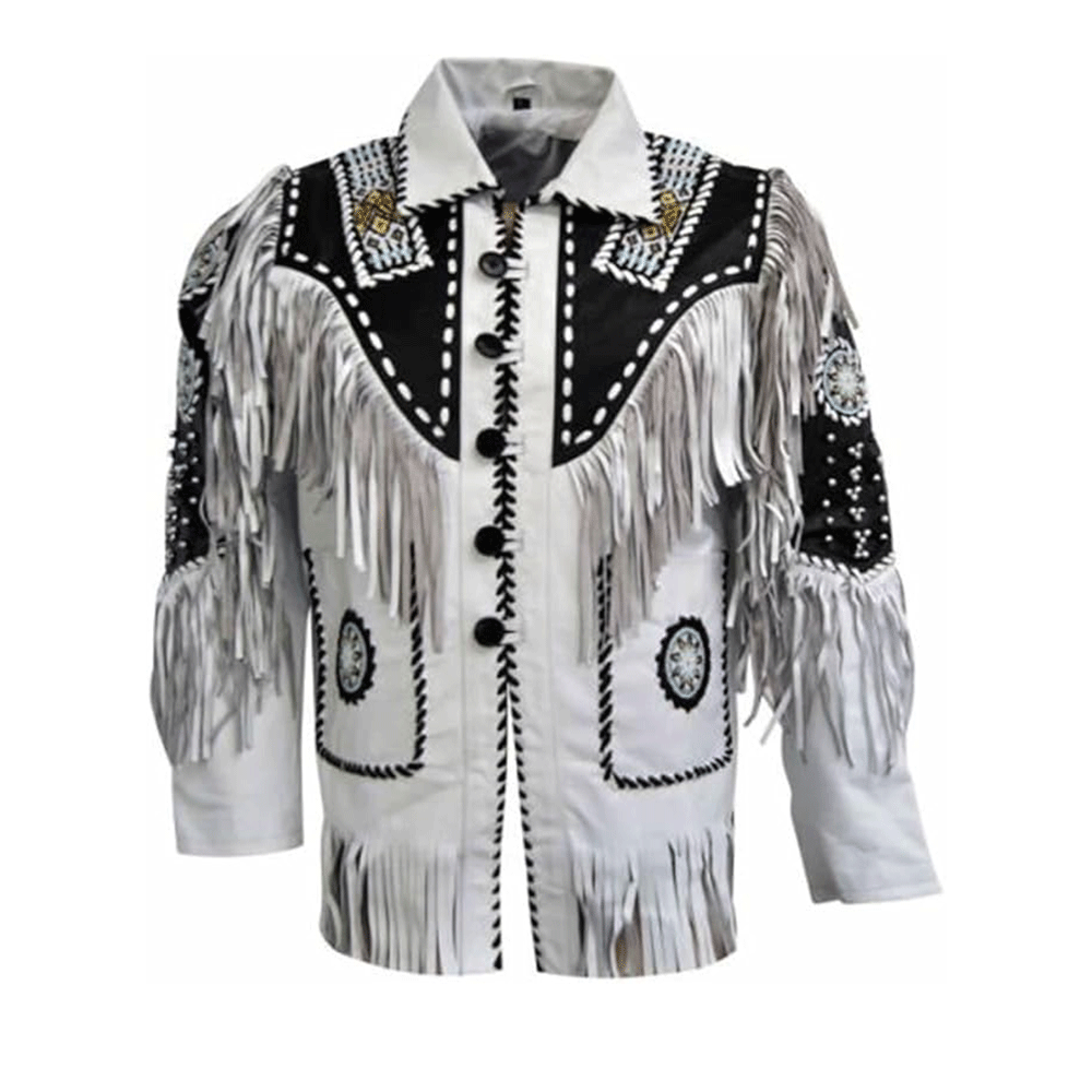 Men's Western White Leather Fringe Beaded Cowboy Jacket MW834