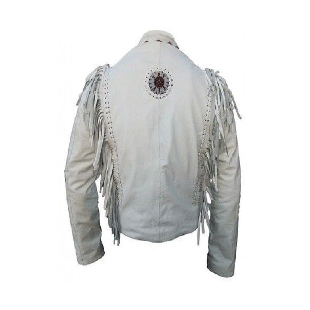 Men's Western White Leather Fringe Beaded Jacket MW812