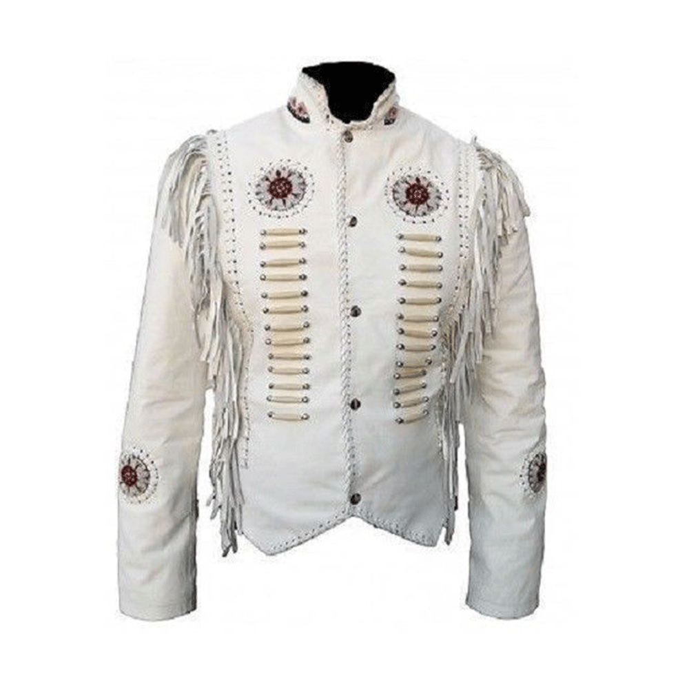 Men's Western White Leather Fringe Beaded Jacket MW812