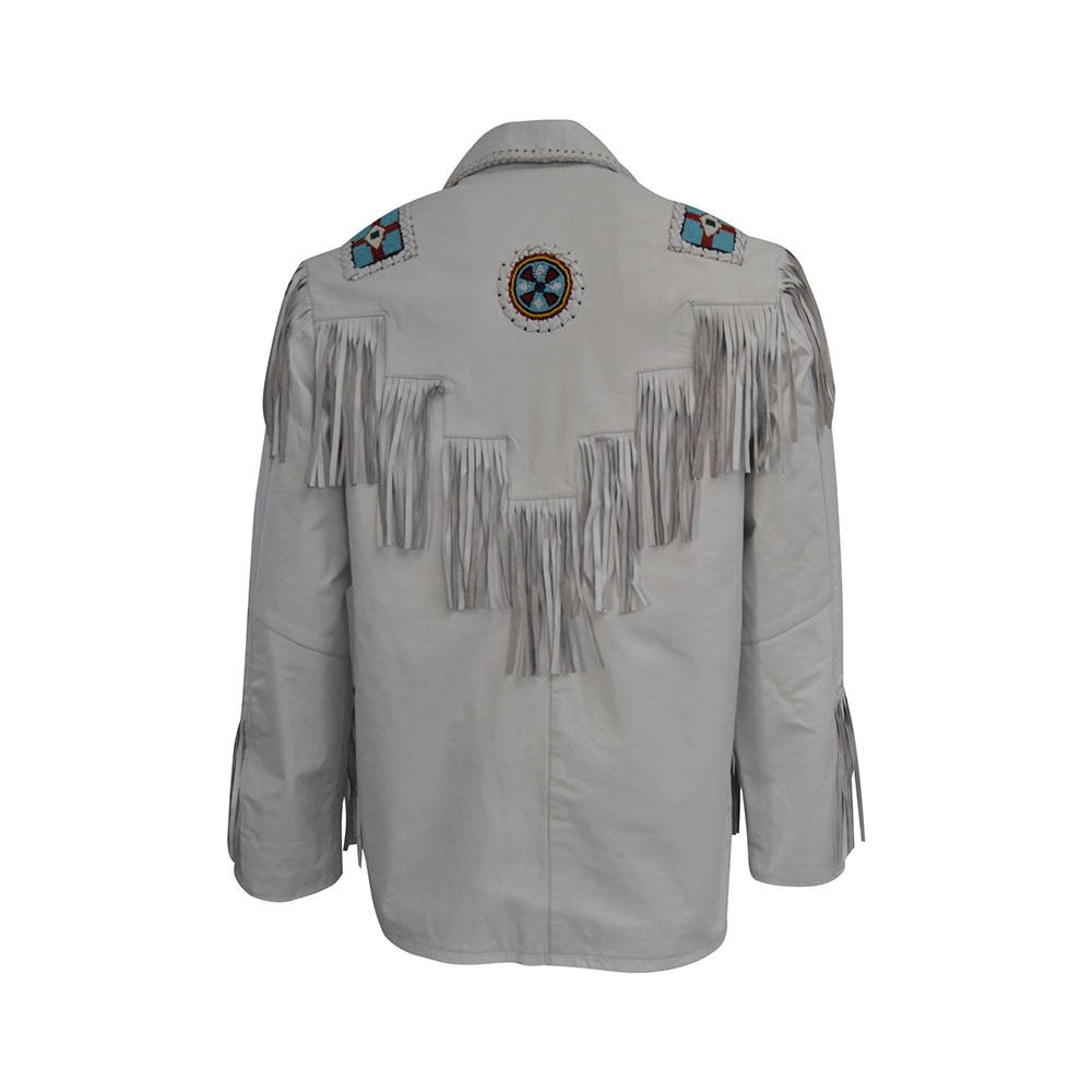 Men's White Leather Fringe Native American Eagle Beaded Jacket MW813