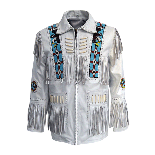 Men's White Leather Fringe Native American Eagle Beaded Jacket MW813