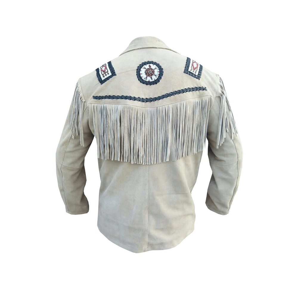 Men's Western Beige Suede Leather Fringe Beaded Jacket MW829