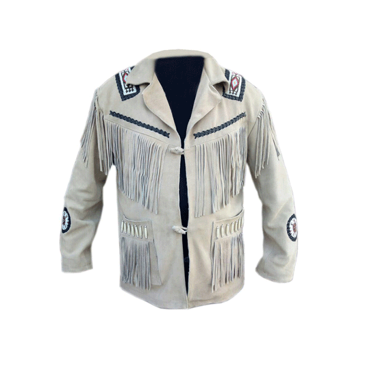 Men's Western Beige Suede Leather Fringe Beaded Jacket MW829