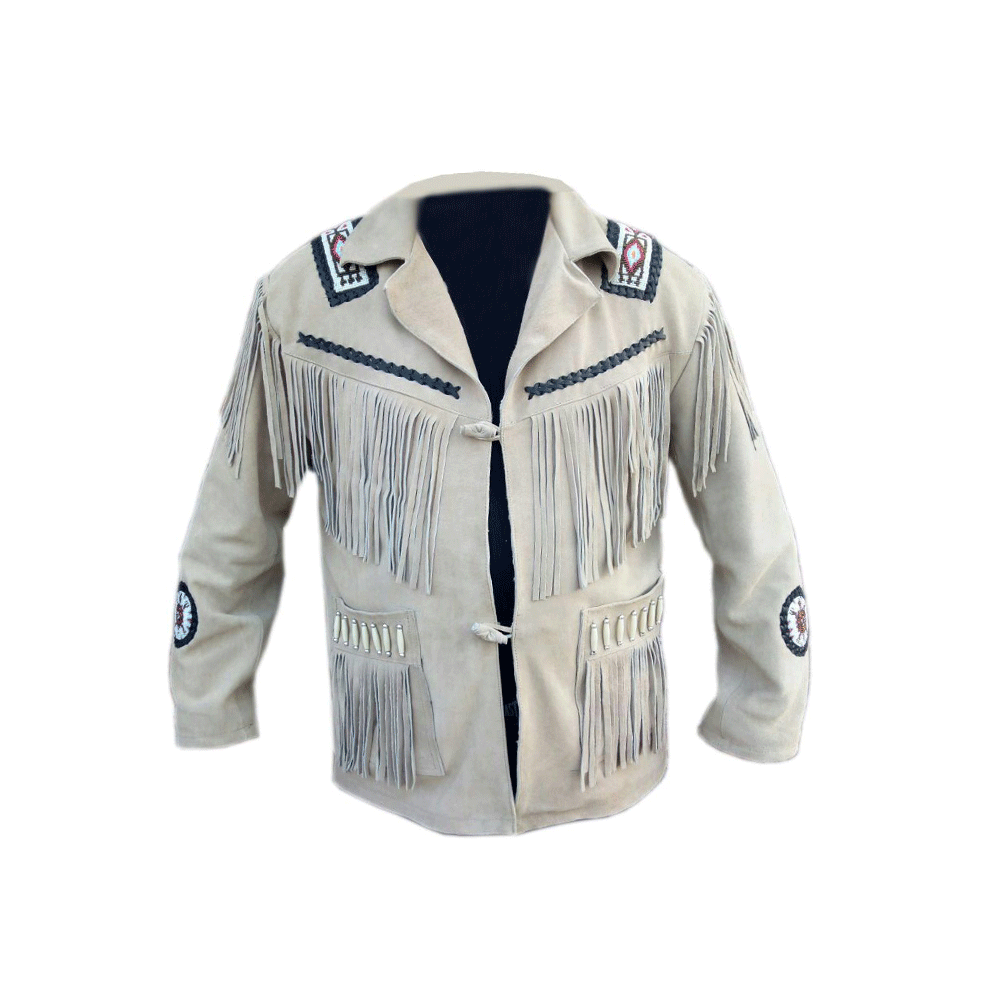 Men's Western Beige Suede Leather Fringe Beaded Jacket MW829