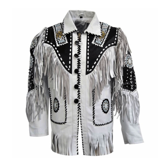 Men's Western White Leather Fringe Beaded Jacket MW814