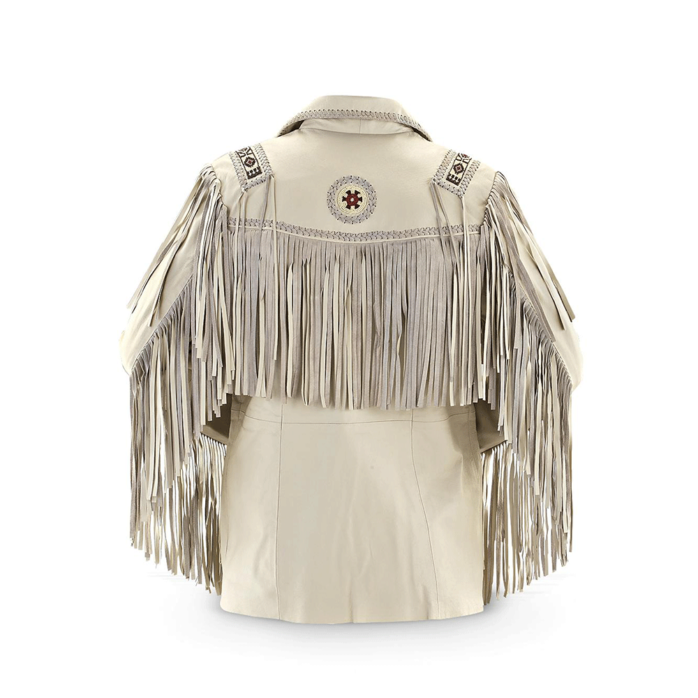 Men's Western Beige Leather Fringe Beaded Jacket MW807