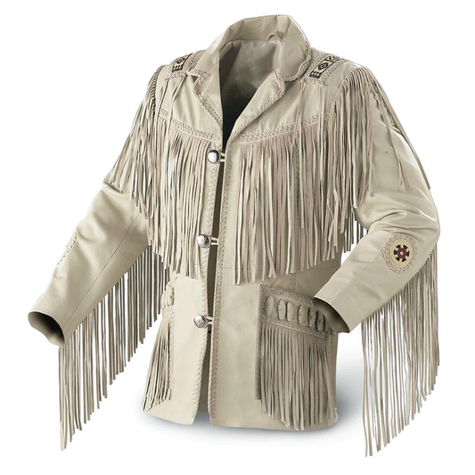 Men's Western Beige Leather Fringe Beaded Jacket MW807