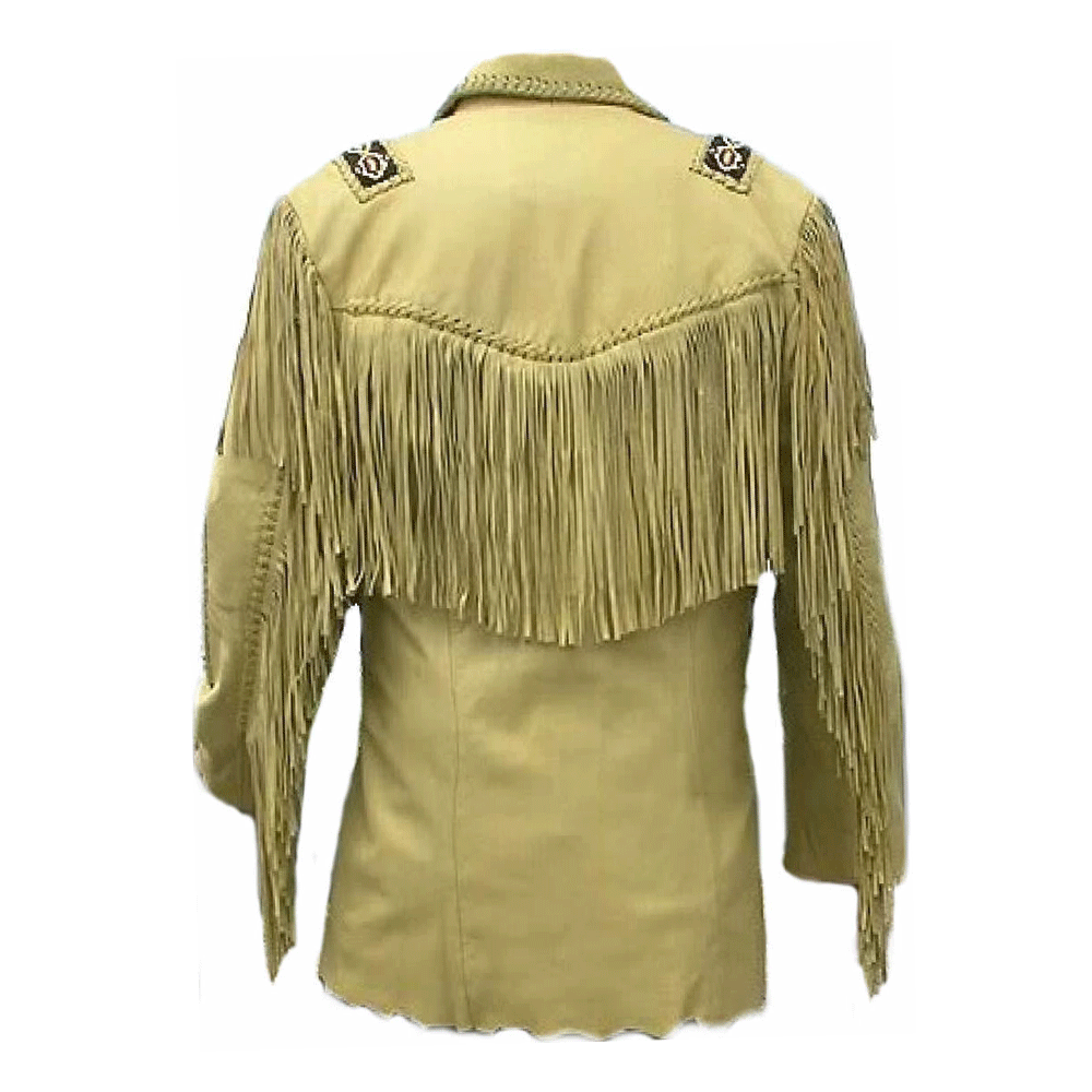 Men's Western Tan Leather Fringe Beaded Cowboy Jacket MW832