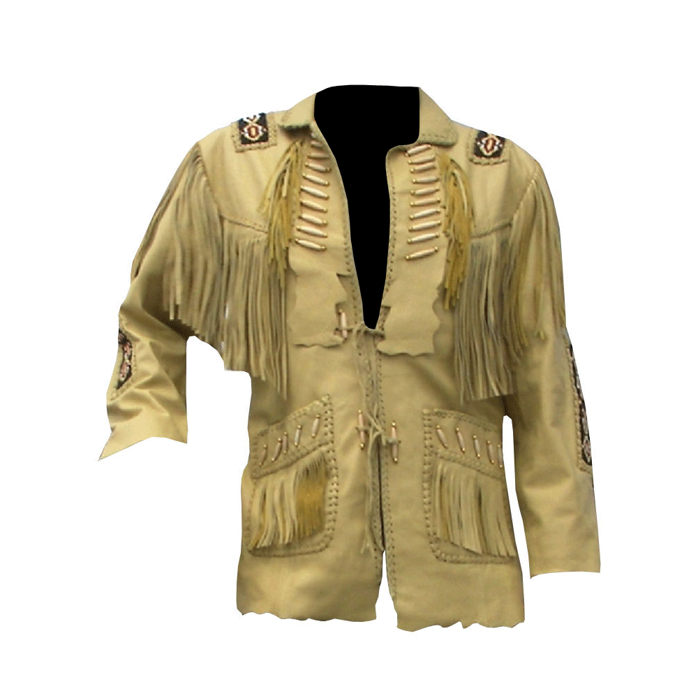 Men's Western Tan Leather Fringe Beaded Cowboy Jacket MW832