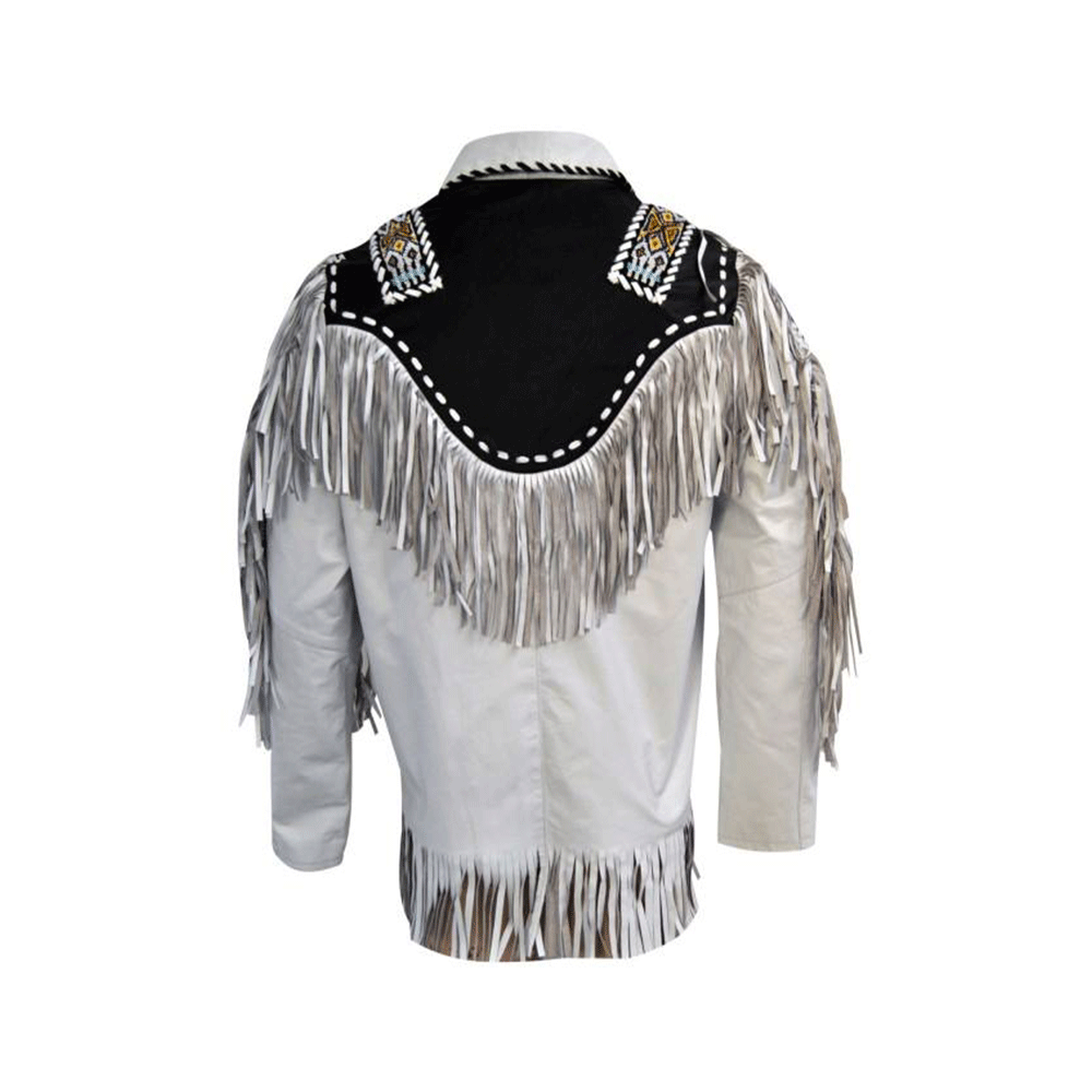 Men's Western White Leather Fringe Beaded Cowboy Jacket MW834