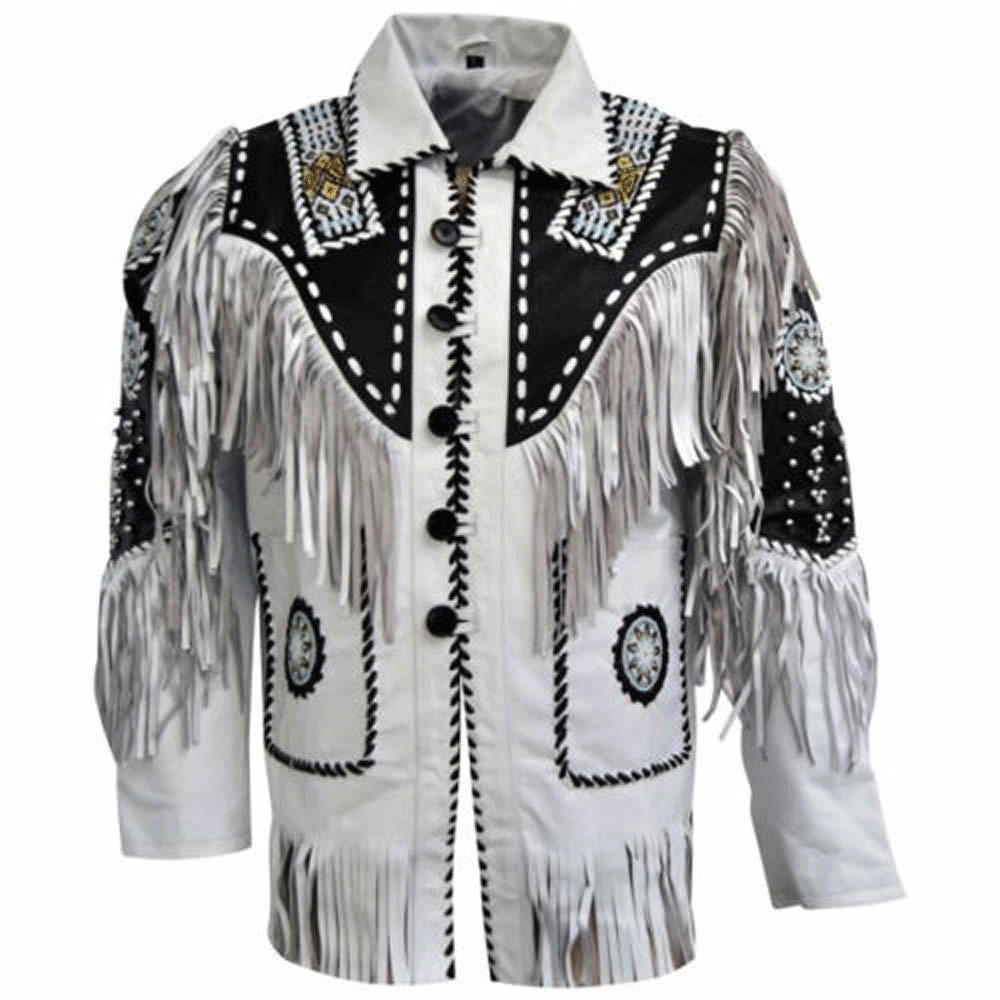 Men's Western White Leather Fringe Beaded Cowboy Jacket MW834