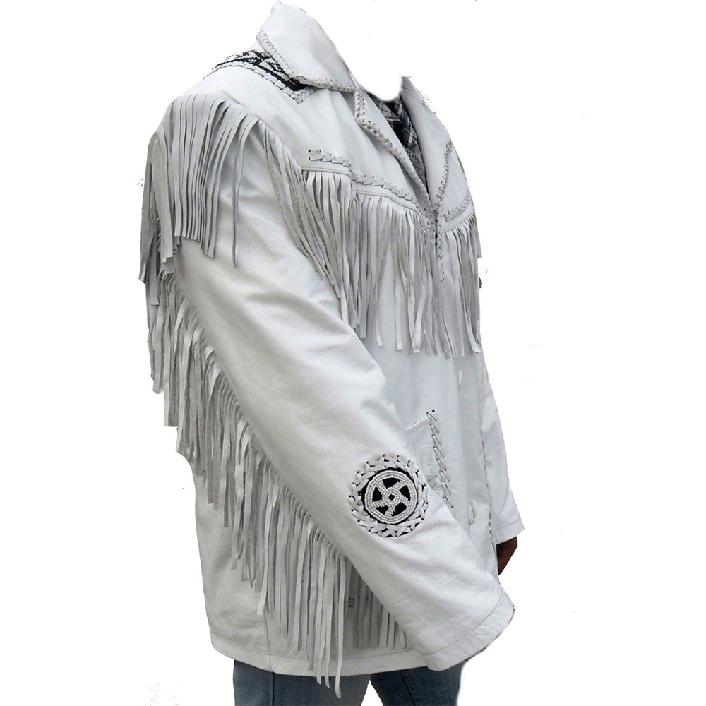 Men's Western White Leather Fringe Beaded Cowboy Jacket MW835