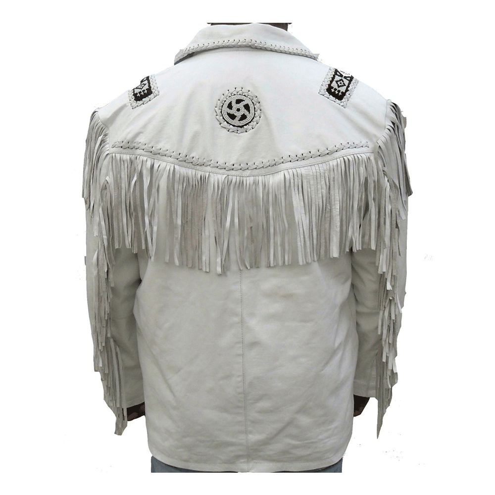 Men's Western White Leather Fringe Beaded Cowboy Jacket MW835