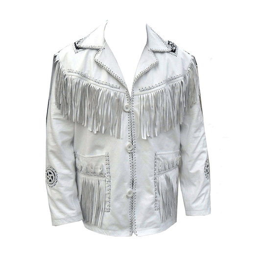 Men's Western White Leather Fringe Beaded Cowboy Jacket MW835