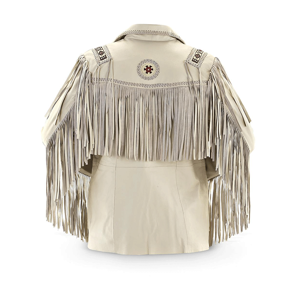 Men's Western Beige Leather Fringe Beaded Jacket MW807