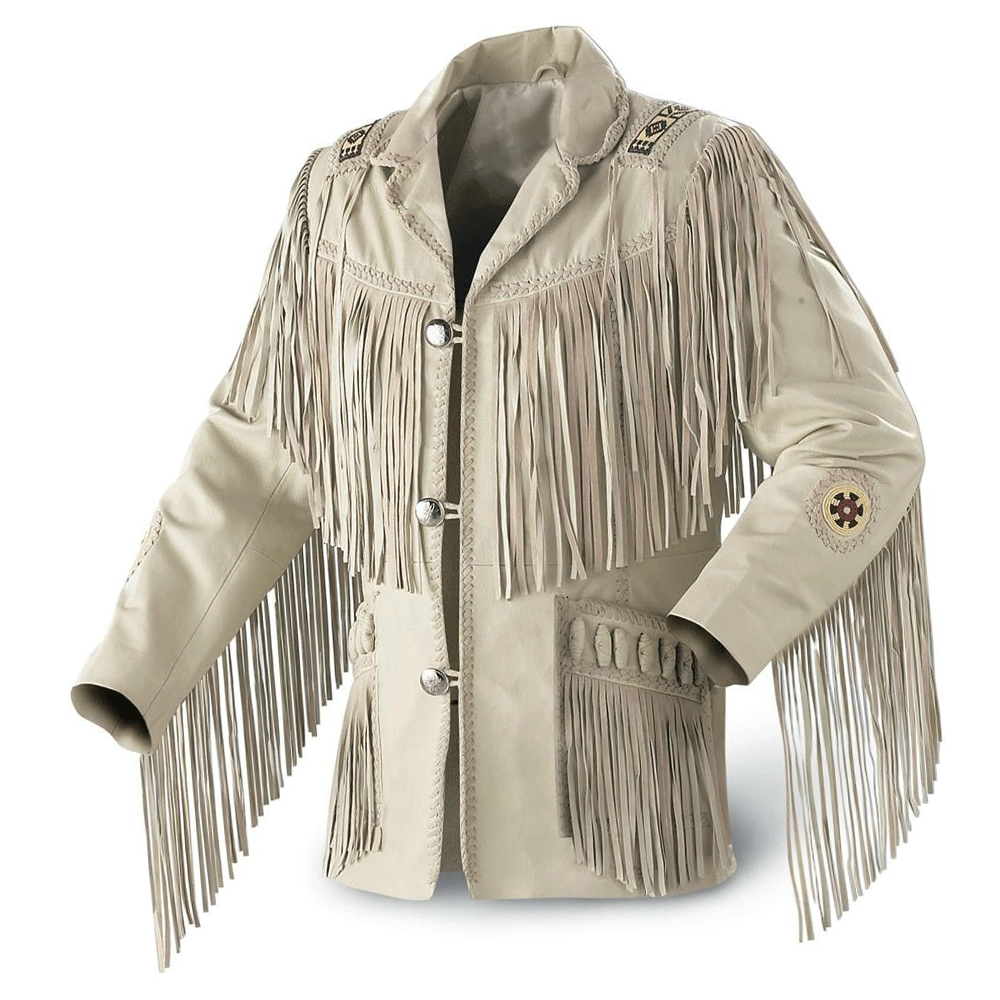 Men's Western Beige Leather Fringe Beaded Jacket MW807