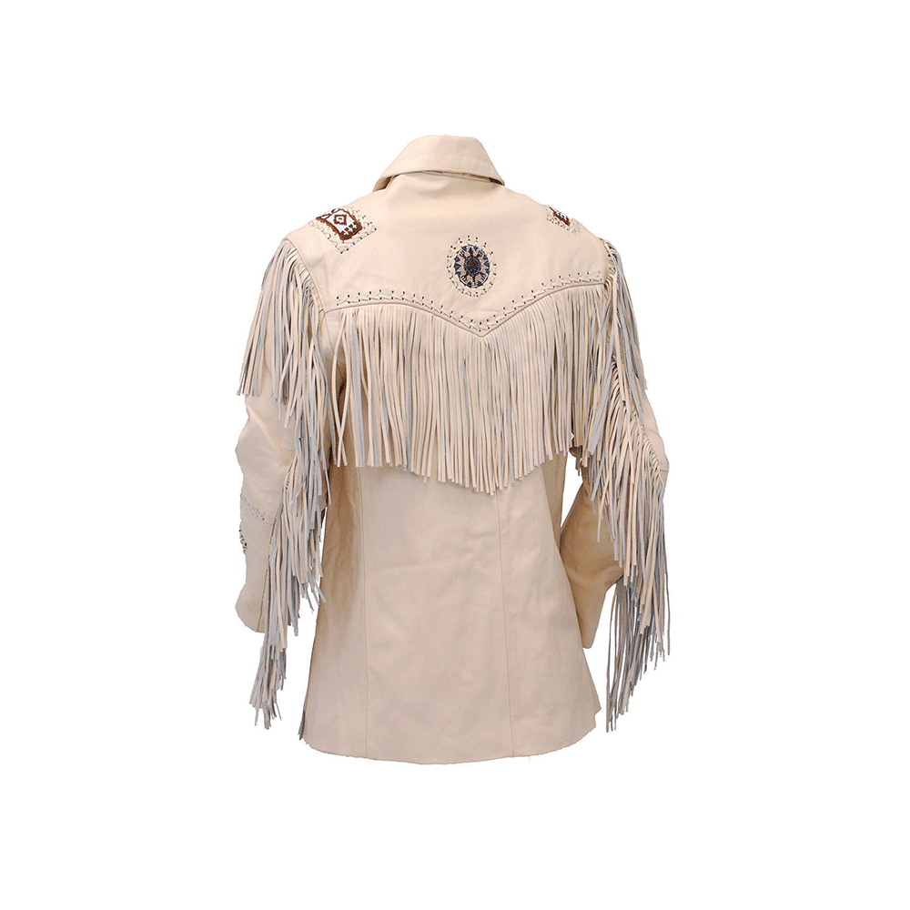 Men's Western Beige Leather Fringe Beaded Jacket MW808