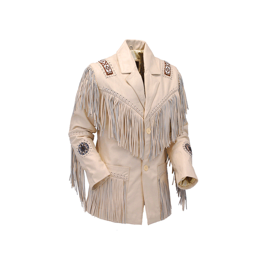 Men's Western Beige Leather Fringe Beaded Jacket MW808