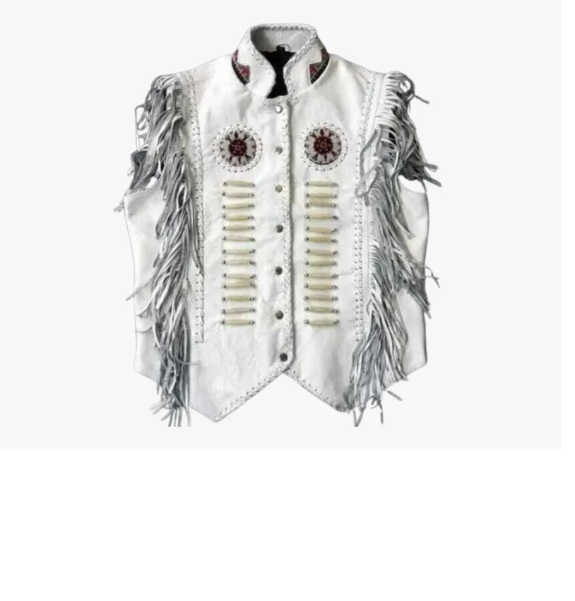 Men's Western White Leather Fringe Beaded Vest MV508