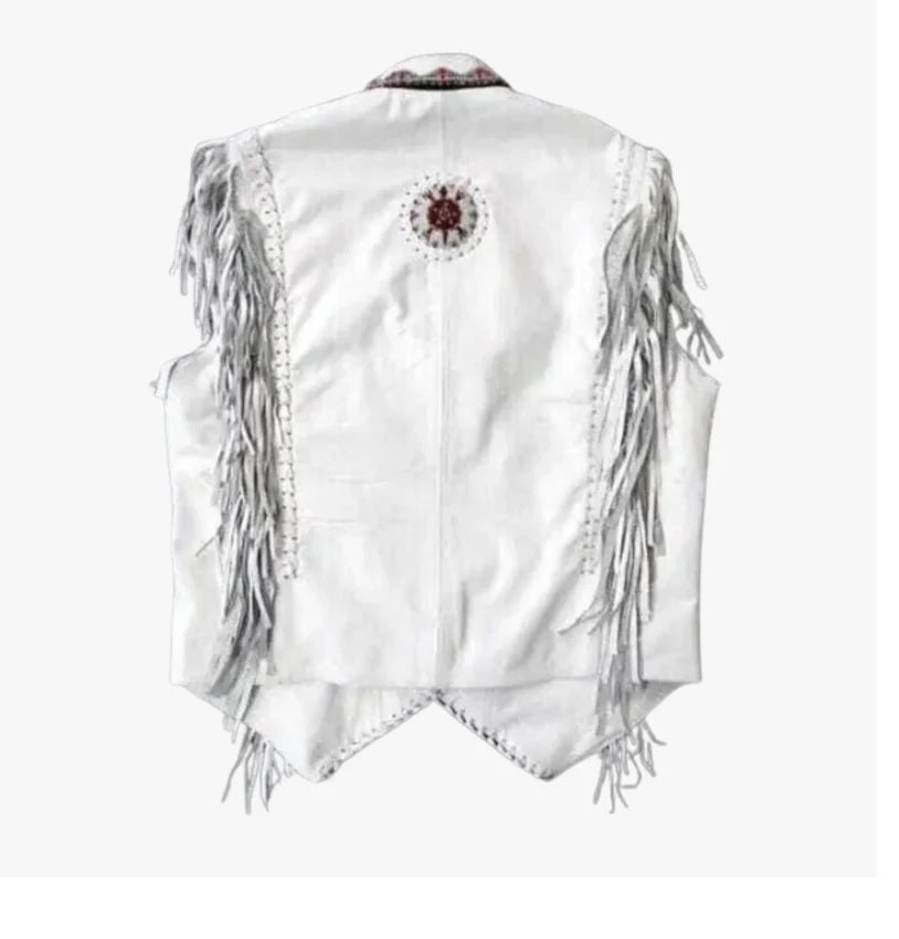 Men's Western White Leather Fringe Beaded Vest MV508