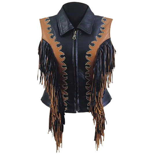 Cowgirl's Western Black & Brown Leather Fringe Vest CGV441