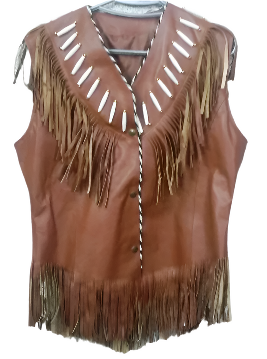 Cowgirl's Western Brown Leather Fringe Bone work Vest CGV413