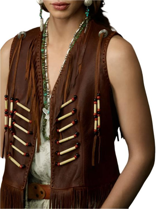 Cowgirl's Western Brown Leather Fringe Bone work Vest CGV417