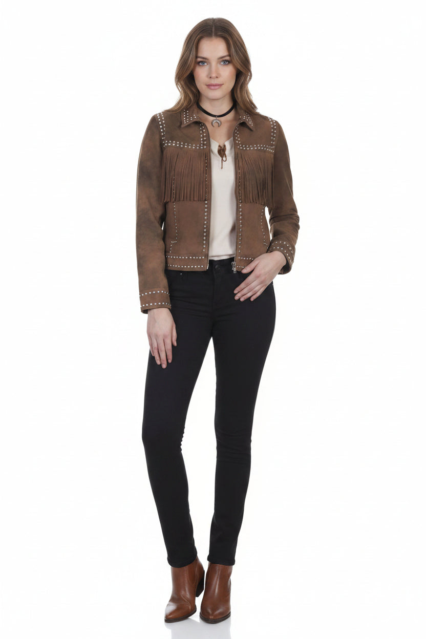 Women's Western Fringe Brown Leather Jacket - Boho Chic Style with studs