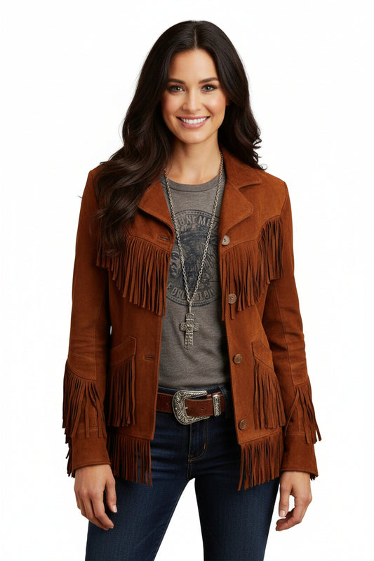 A woman wearing a brown suede leather fringe jacket with a button front closure, paired with blue jeans and accessorized with a necklace.
