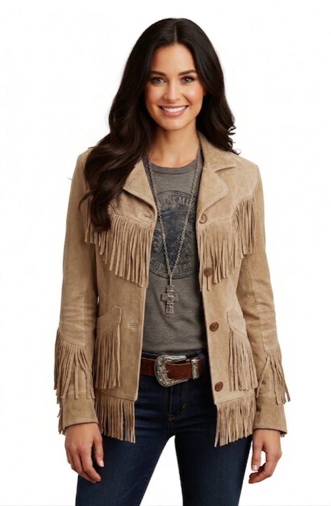 Women's Western Fringe Suede Jacket – Vintage Cowboy Style Tassel Jacket in Rust Brown WWJ762