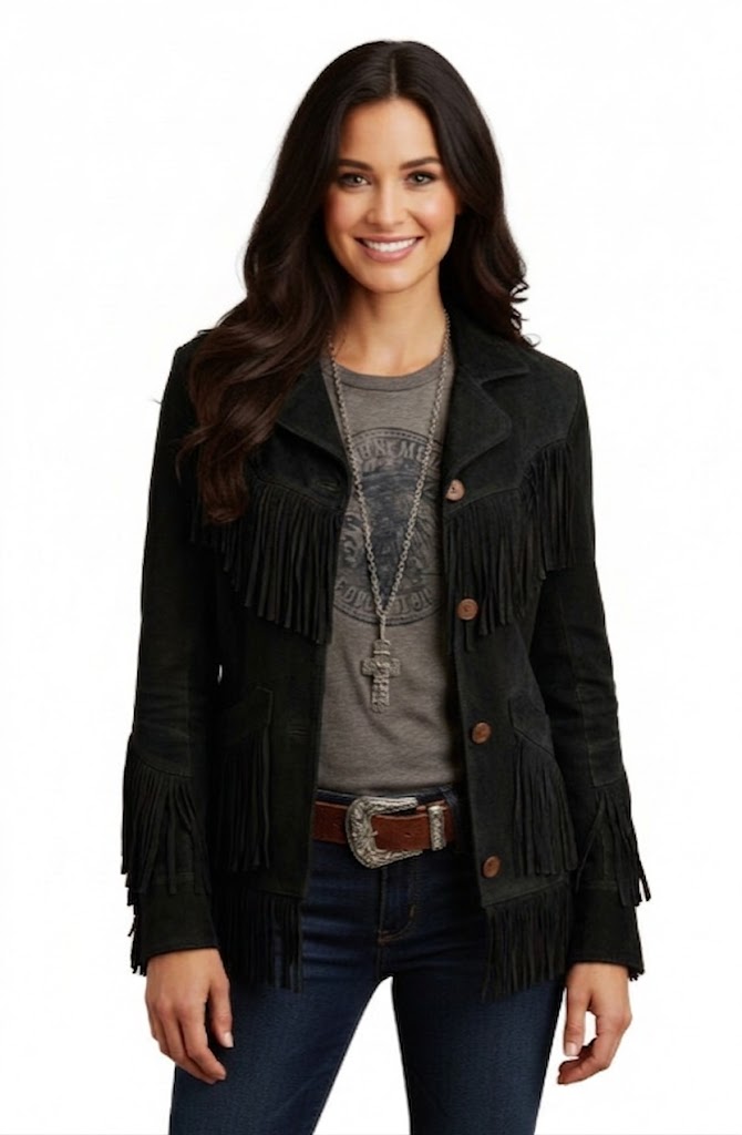 Women's Western Fringe Suede Jacket – Vintage Cowboy Style Tassel Jacket in Rust Brown WWJ762