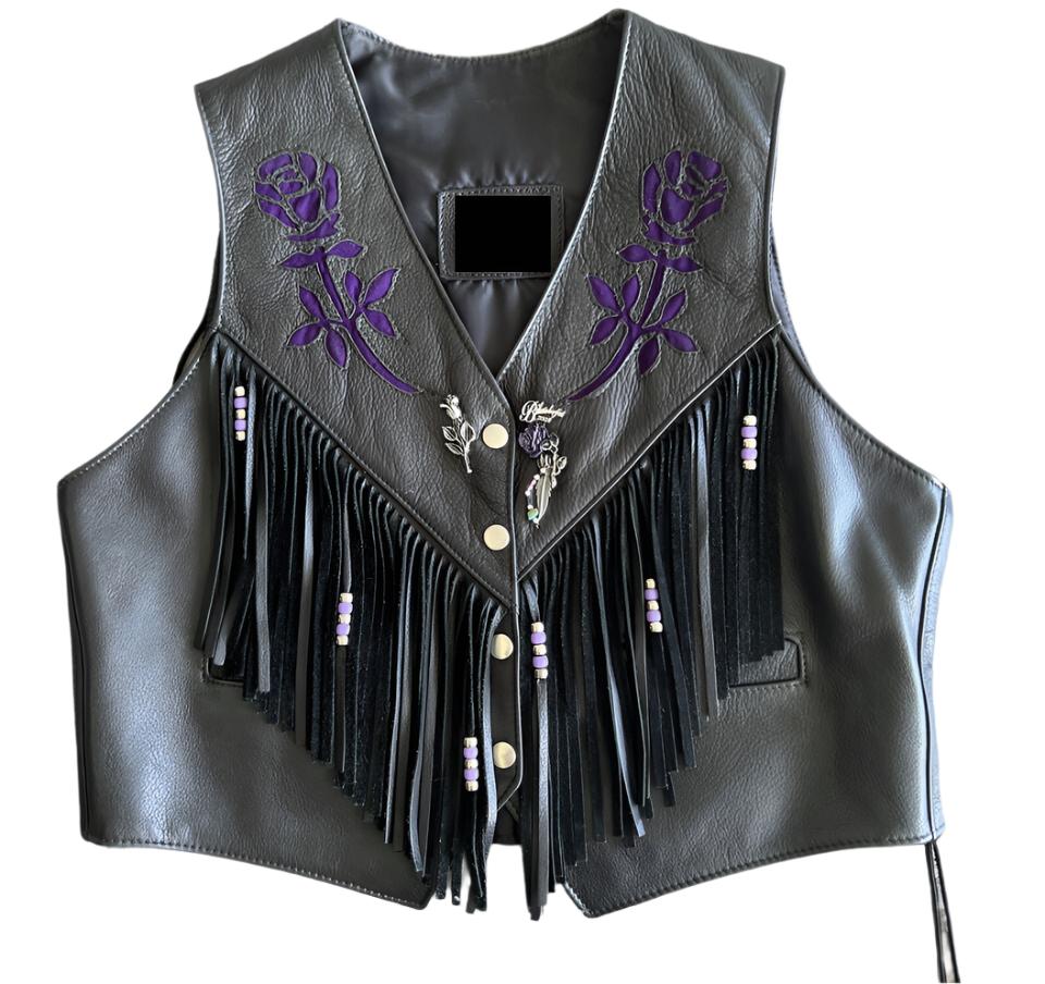 Cowgirl's Western Black Leather Fringe Purple Flower Vest CGV443