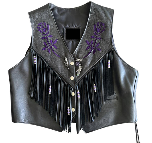 Cowgirl's Western Black Leather Fringe Purple Flower Vest CGV443