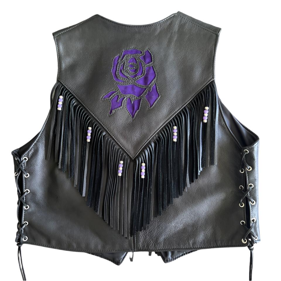 Cowgirl's Western Black Leather Fringe Purple Flower Vest CGV443