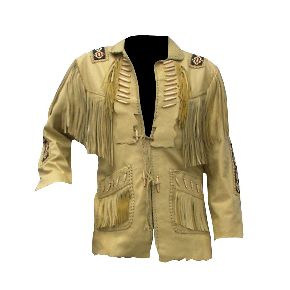 Men's Western Tan Leather Fringe Beaded Cowboy Jacket MW832