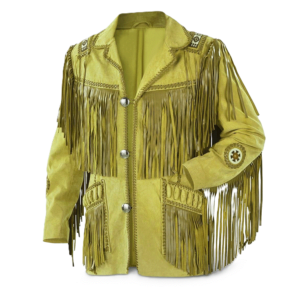 Men's Western Brown Suede Leather Fringe Bead Jacket MW822