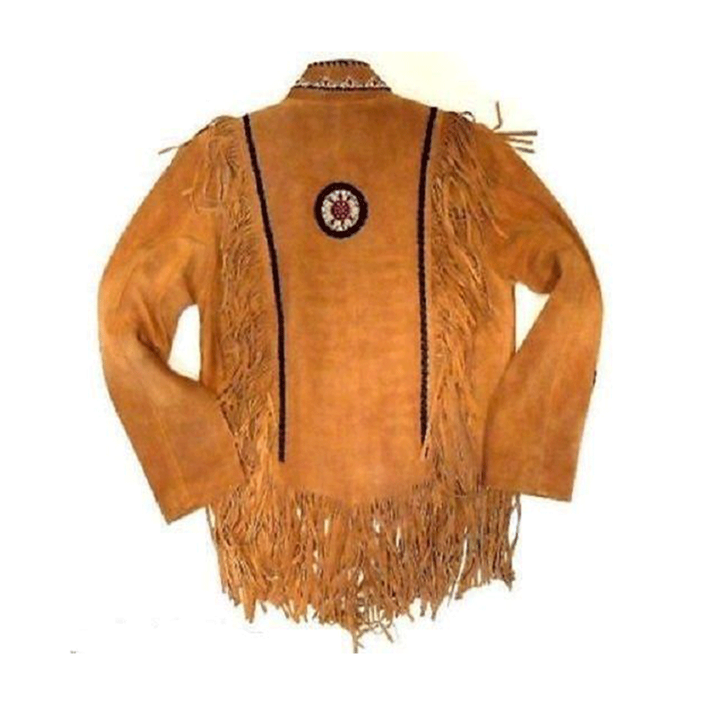 Men's Western Brown Suede Leather Fringe Bead Bone Jacket MW821