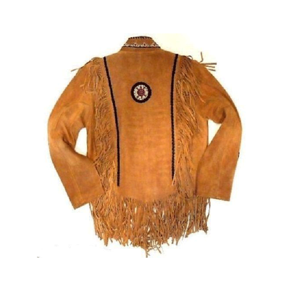 Men's Western Brown Suede Leather Fringe Bead Bone Jacket MW821