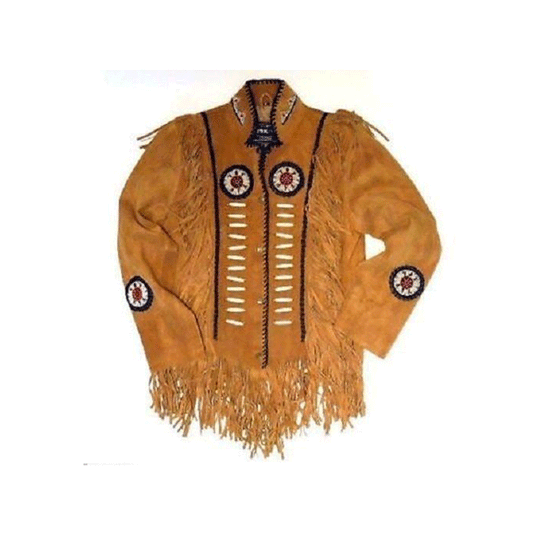 Men's Western Brown Suede Leather Fringe Bead Bone Jacket MW821