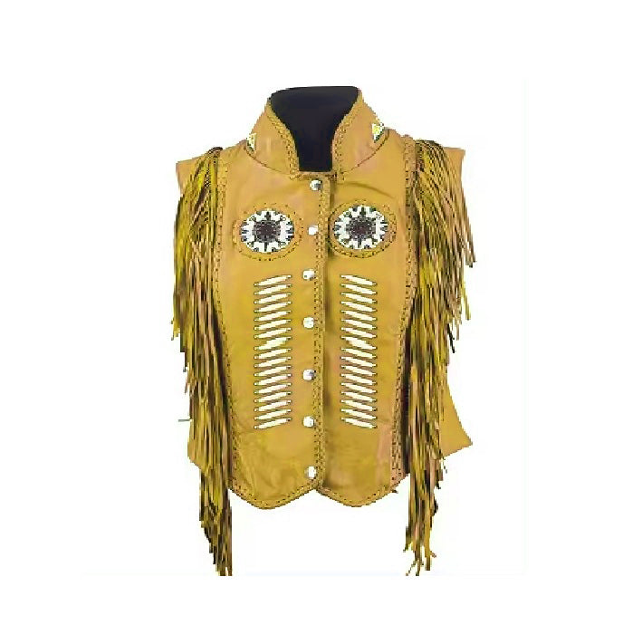 Yellow leather vest with fringe and decorative elements on a white background