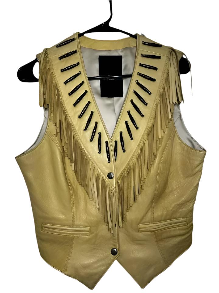 Cowgirl's Western Beige Leather Fringe Bone Work Vest CGV495