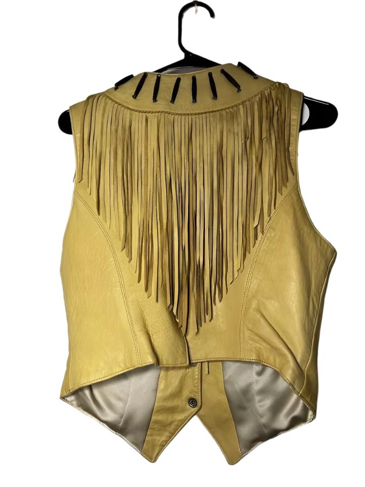 Cowgirl's Western Beige Leather Fringe Bone Work Vest CGV495