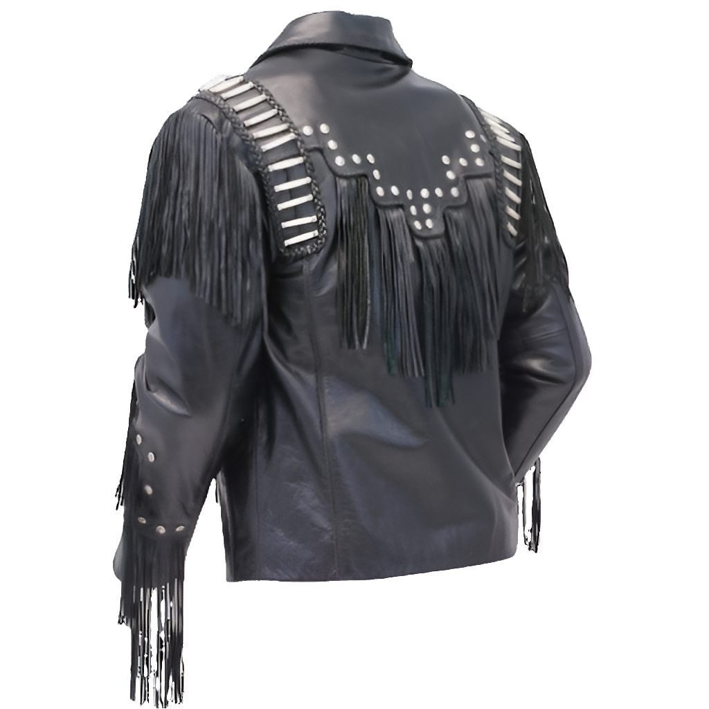 Men's Western Black Leather Fringe Bone Studded Warrior Jacket MW864