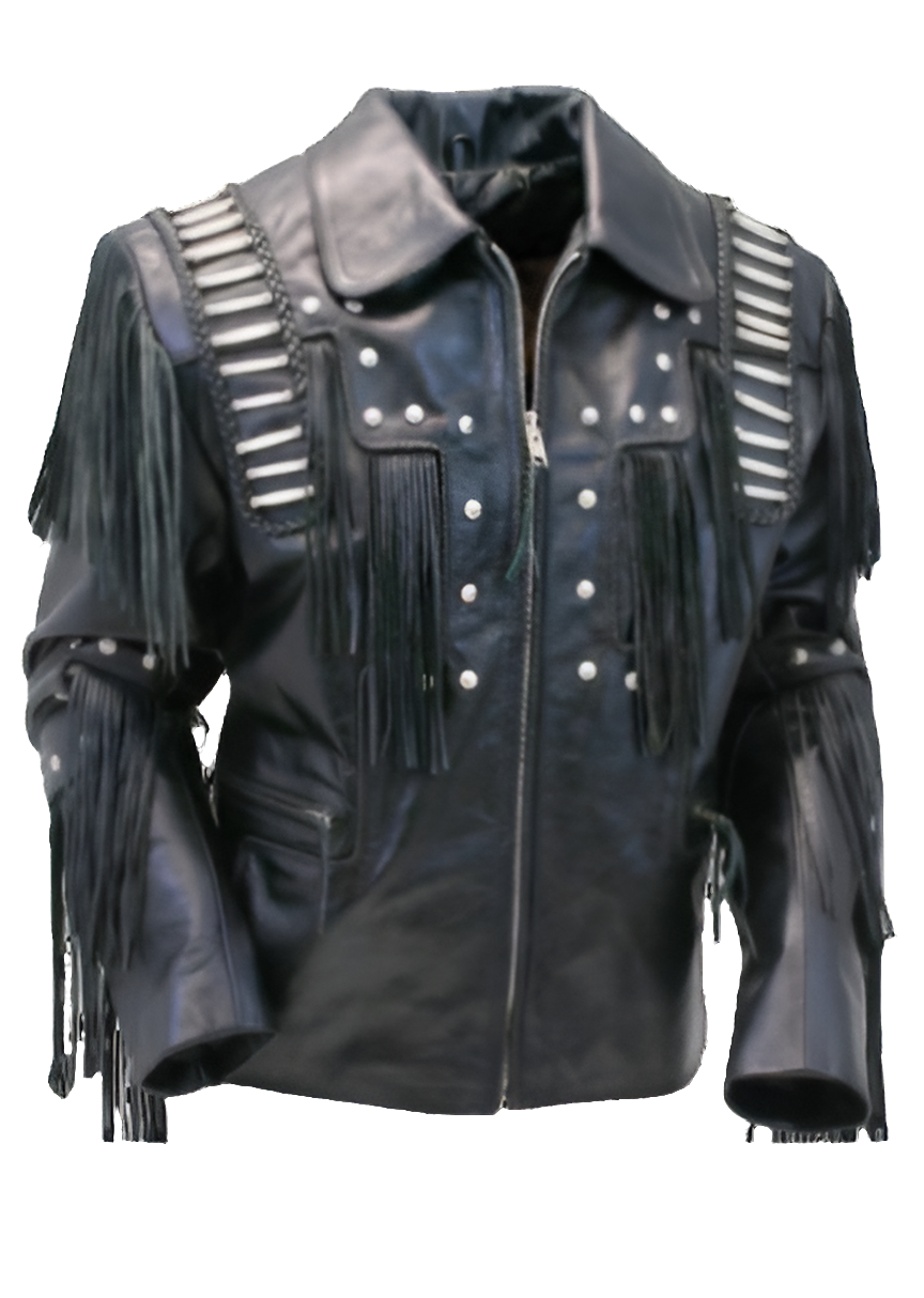 Men's Western Black Leather Fringe Bone Studded Warrior Jacket MW864