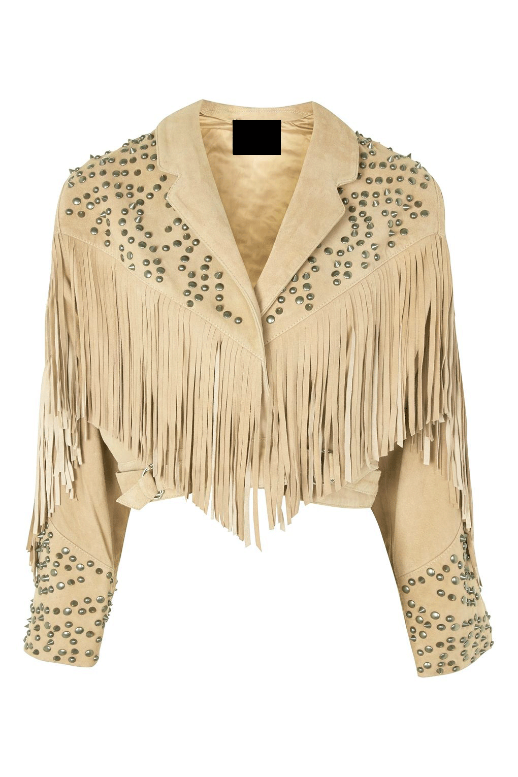 Beige Suede Leather Fringe Studded Jacket For Women WWJ678