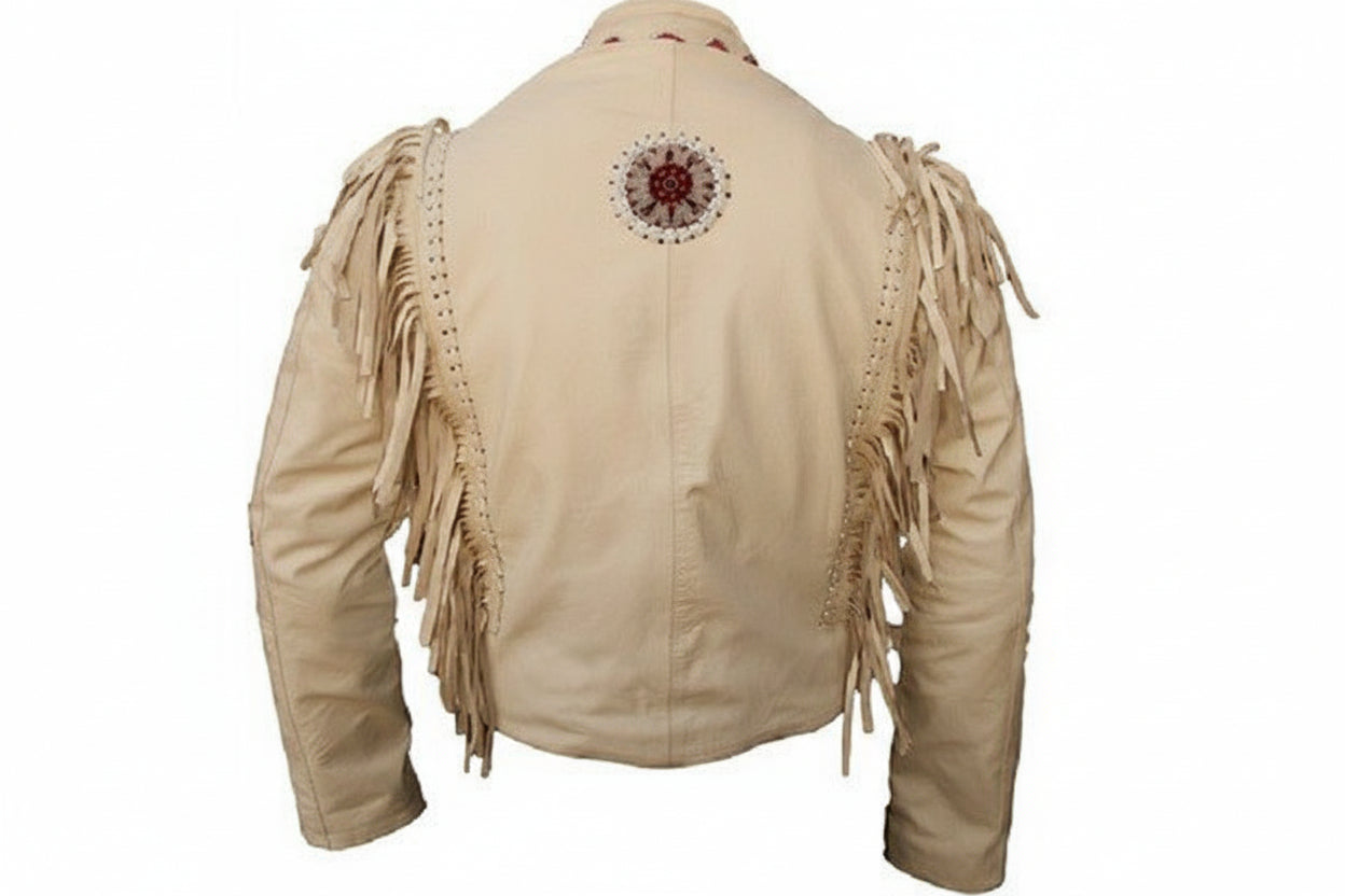 Beige leather jacket with fringe details on a white background