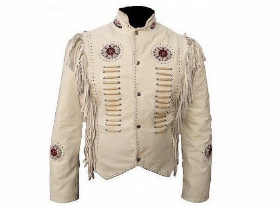 Men's Western Beige Buckskin Leather Beaded Fringe Jacket MWJ203